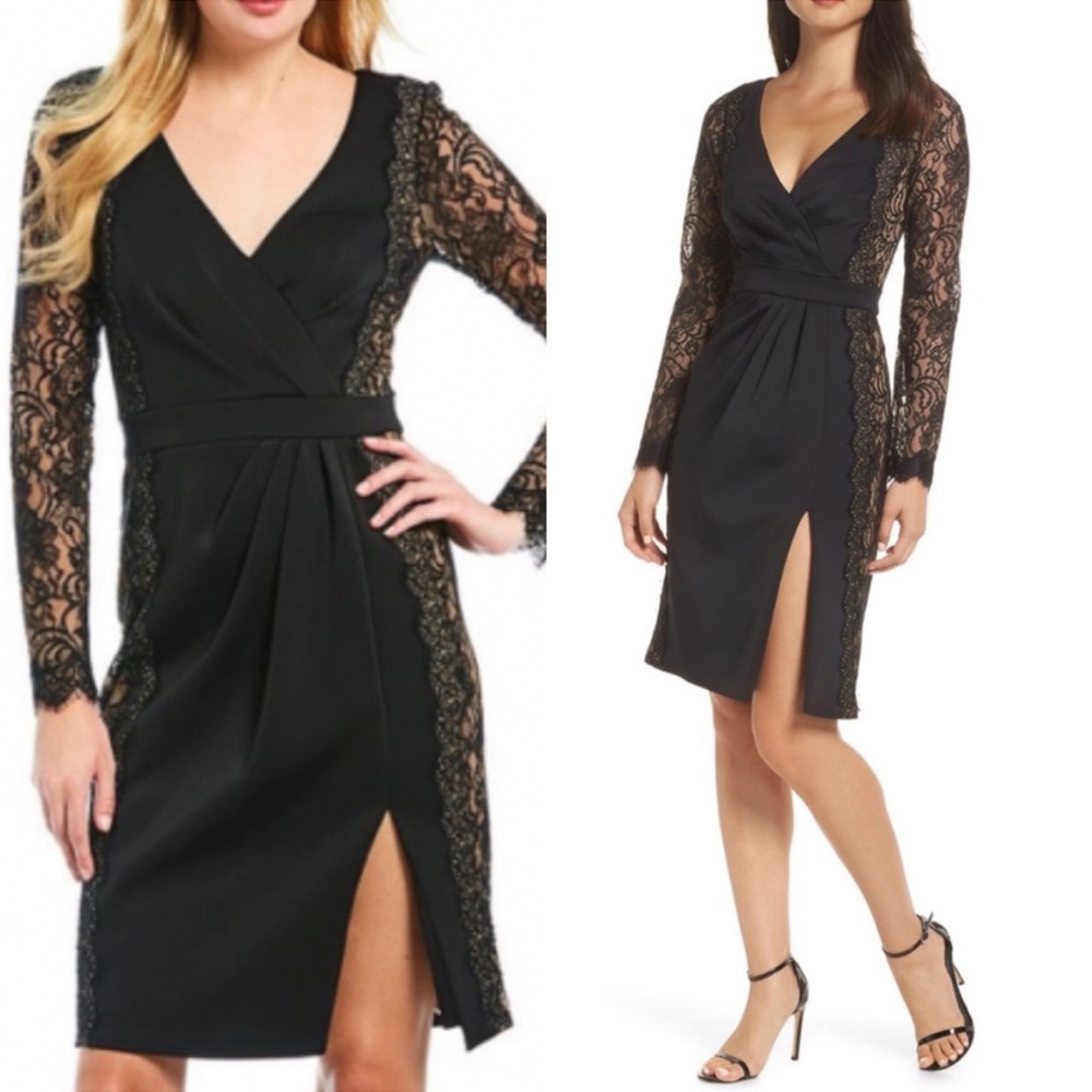 Tadashi Shoji Faux Wrap Lace Dress in Black/Nude - Picture 4 of 13